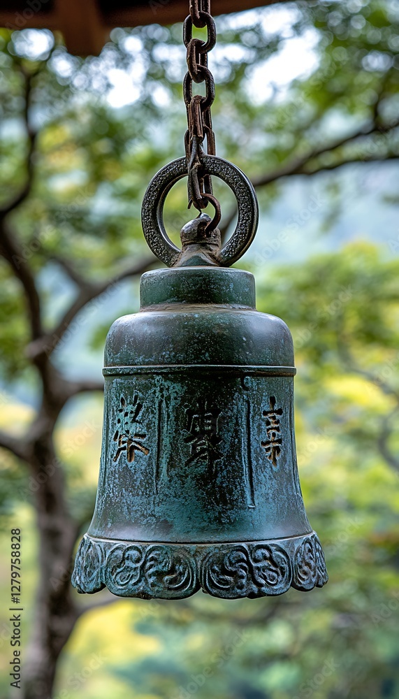 Obraz premium Hanging bronze bell in garden