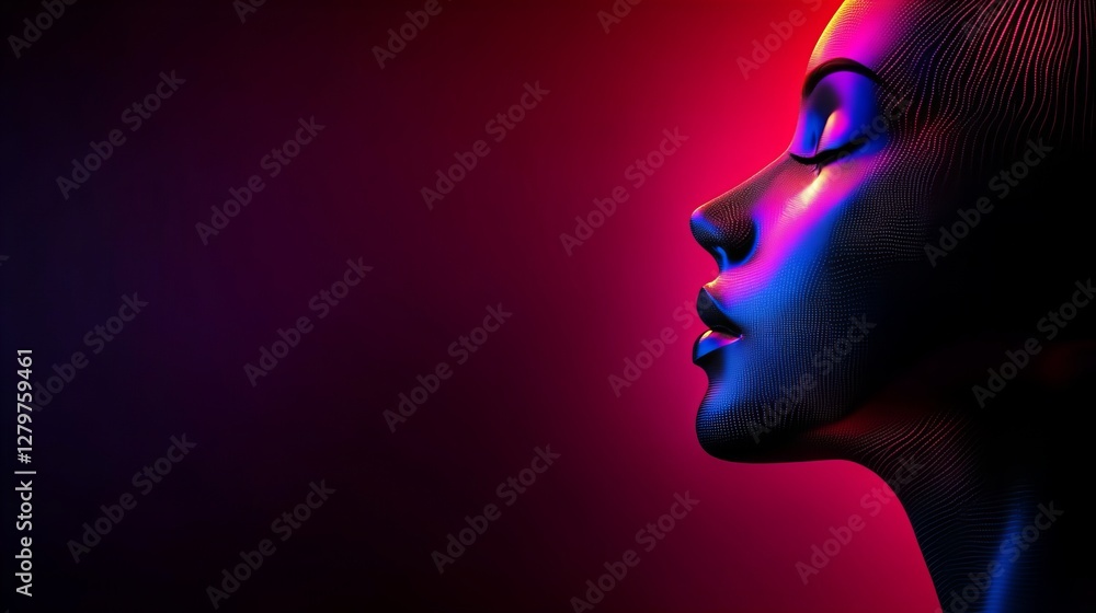 Serene female face, profile view, bathed in vibrant pink and blue neon light. Digital art. Serene female face, profile view, bathed in vibrant pink and blue neon light. Digital art.