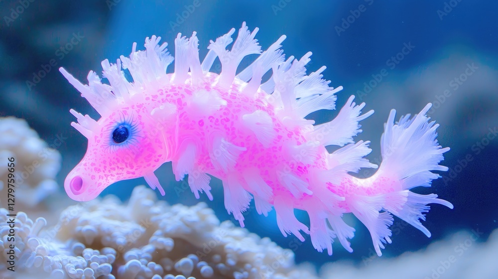 Naklejka premium Pink seahorse in aquarium exhibit, underwater, coral reef