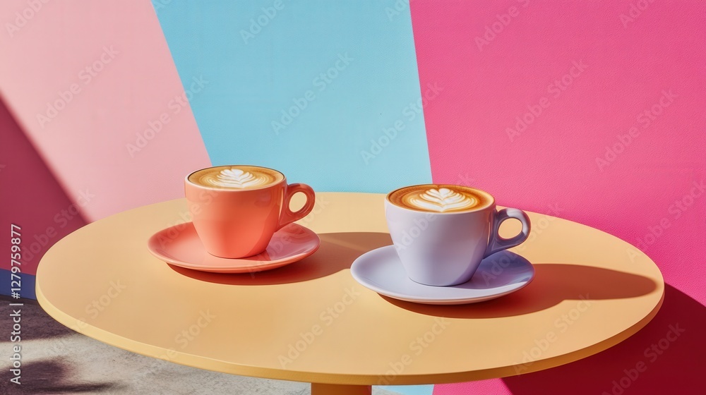 Two beautifully crafted coffee cups on a colorful table with vibrant background, perfect for lifestyle imagery
