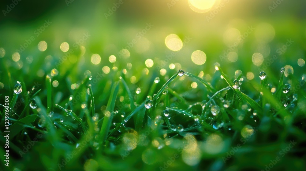 Naklejka premium Dew-covered forest floor in early morning light, fresh green hues and natural textures.