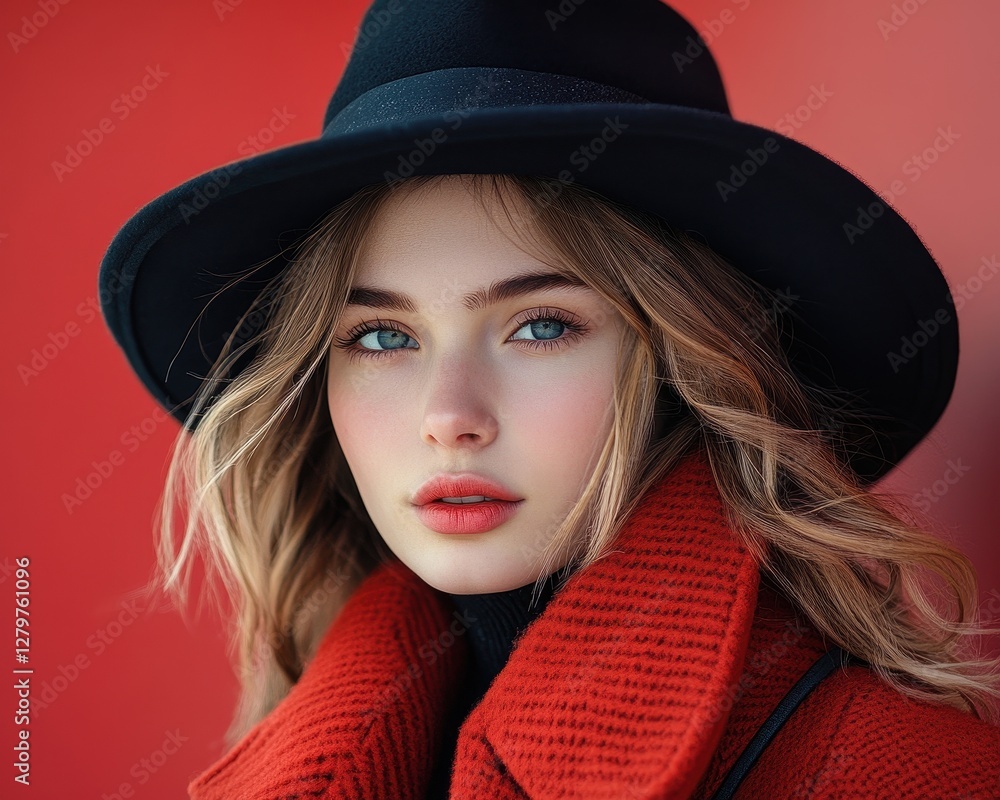 Young woman with blue eyes wearing a red knitted hat and scarf in a snowy landscape during winter Young woman with blue eyes wearing a red knitted hat and scarf in a snowy landscape during winter