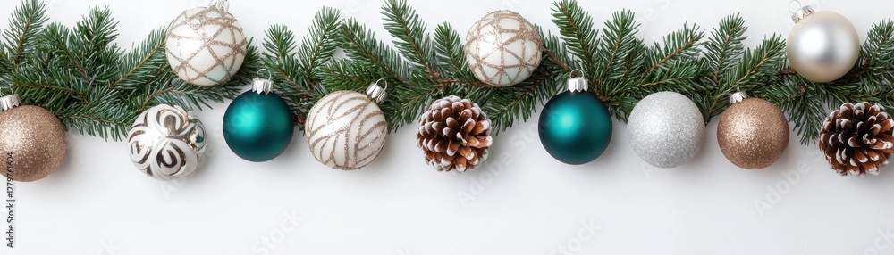 Elegant Christmas Ornaments and Pine Branches on White Background for Festive Holiday Decor Elegant Christmas Ornaments and Pine Branches on White Background for Festive Holiday Decor
