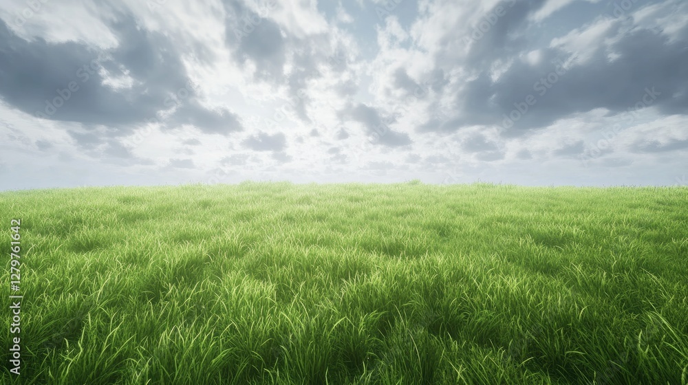 Obraz premium Lush green grassland under a dramatic cloudy sky, perfect for a peaceful nature scene.