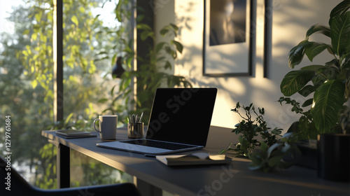 Wallpaper Mural Home Office Work Table with Laptop Elegant Home Office with Cozy Luxury Interior Workspace Black Monitor of Laptop with Mouse Chic Indoor for Working in Home Interior Design for Freelancer Torontodigital.ca