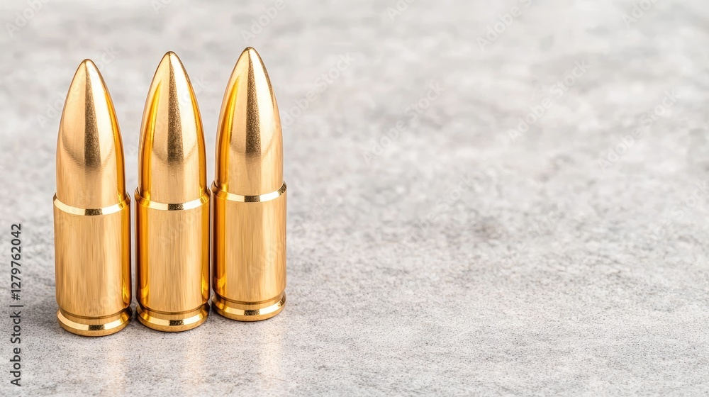 Three gold bullets on grey surface, copy space Three gold bullets on grey surface, copy space