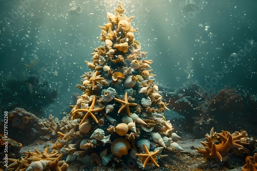 Underwater Christmas Tree A Surreal Holiday adorned with Seashells and Starfish