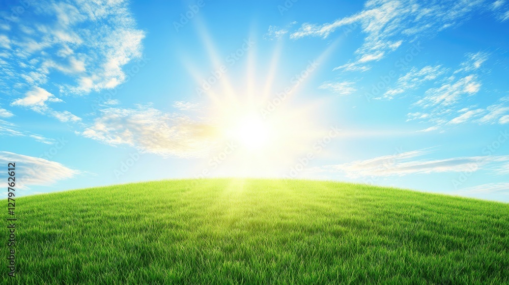 Rolling green hills under a vast blue sky, soft sunlight creating a peaceful landscape with open space for text. Rolling green hills under a vast blue sky, soft sunlight creating a peaceful landscape with open space for text.