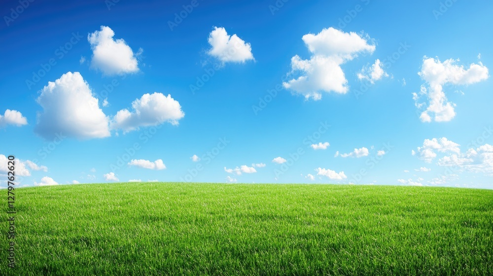 Rolling green hills under a bright blue sky with scattered clouds, open composition with copy space. Rolling green hills under a bright blue sky with scattered clouds, open composition with copy space.