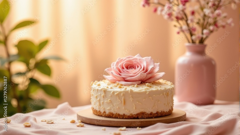 Elegant Cake with Rose Decoration on Soft Pink Background Elegant Cake with Rose Decoration on Soft Pink Background