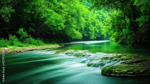 Serene river flowing through a lush green forest, reflections on water, open space for text.