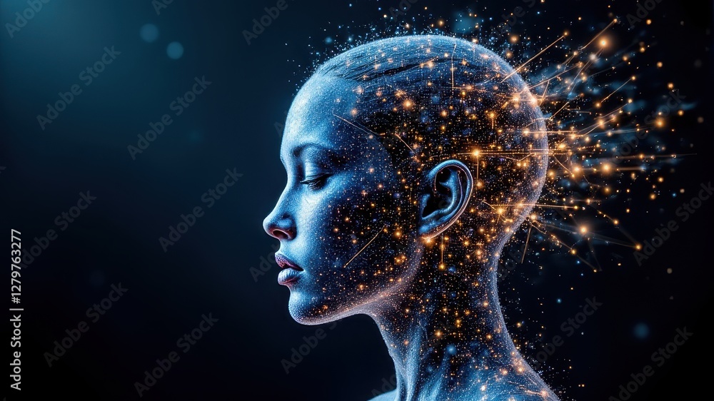 Futuristic Female Figure with Cosmic Energy and Sparkling Effects Futuristic Female Figure with Cosmic Energy and Sparkling Effects