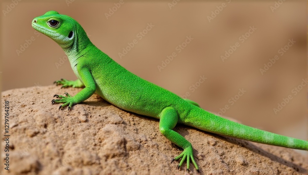 Vibrant Green Lizard Resting on Rock Under Natural Sunlight Vibrant Green Lizard Resting on Rock Under Natural Sunlight
