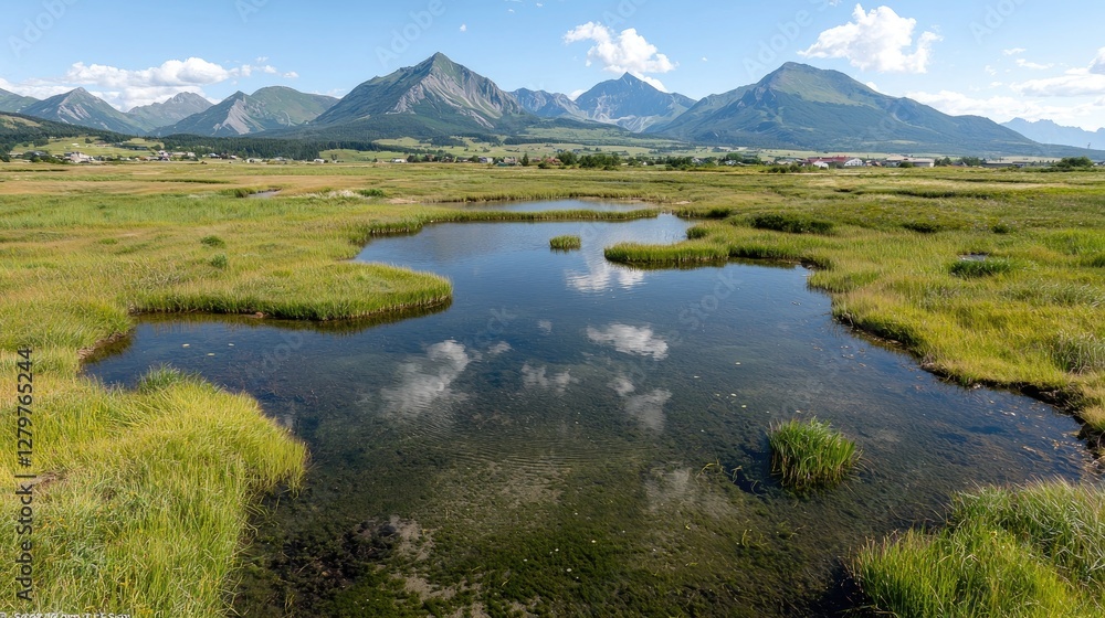 Fototapeta premium Mountain view, tranquil wetland reflection, summer day