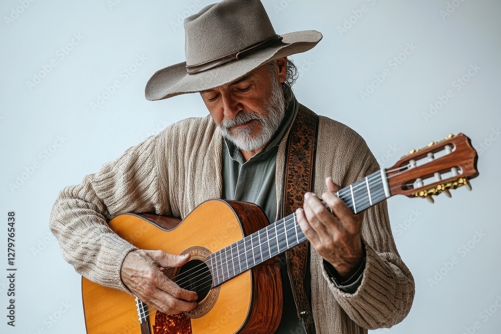 Musician strumming acoustic guitar indoors during afternoon practice session with warm light illuminating the scene Musician strumming acoustic guitar indoors during afternoon practice session with warm light illuminating the scene
