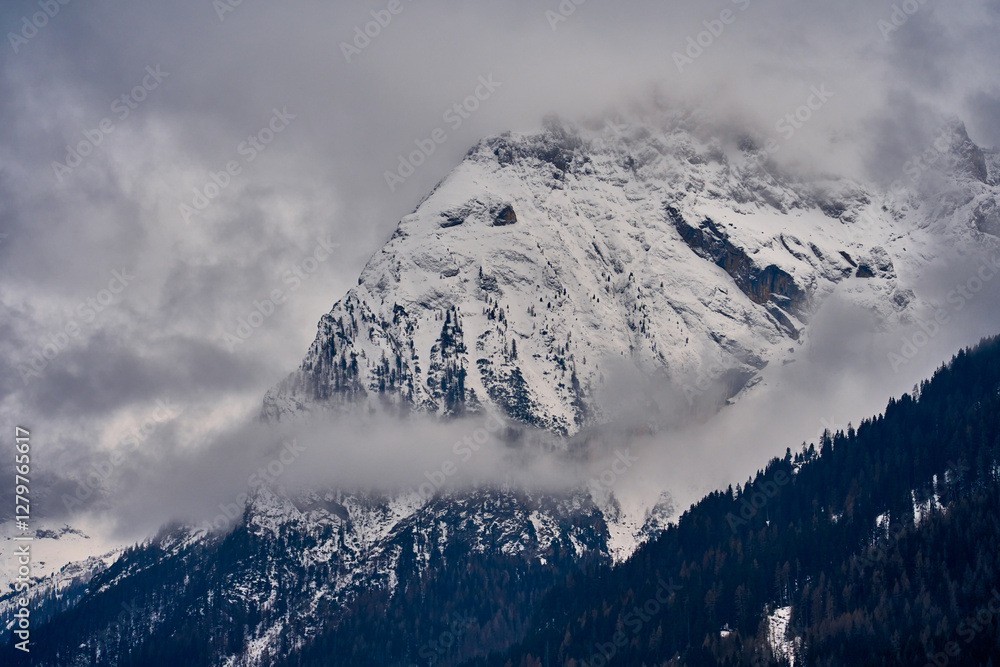 Beautiful panoramic view to the Sellaronda - the ski circuit around the Sella group in Dolomites, Italy - Badia, Gherdeina, Fascia. Extraordinary snowy peaks of the dolomites, southern Alps.