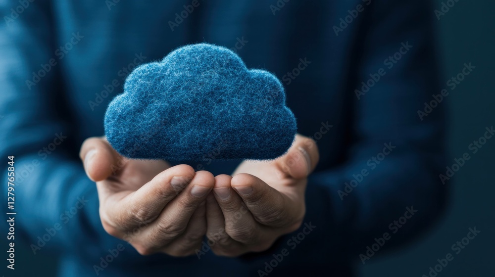 A person holding a blue felt cloud symbolizing data storage and technology with a calm expression, perfect for tech concepts and seasonal themes A person holding a blue felt cloud symbolizing data storage and technology with a calm expression, perfect for tech concepts and seasonal themes