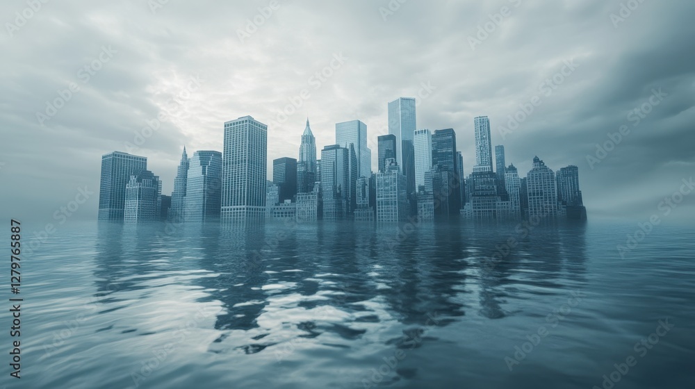 Fototapeta premium Cityscape Reflection: A futuristic cityscape, rendered in shades of cool blue, emerges from a tranquil body of water, mirroring the imposing skyline against a dramatic, overcast sky.