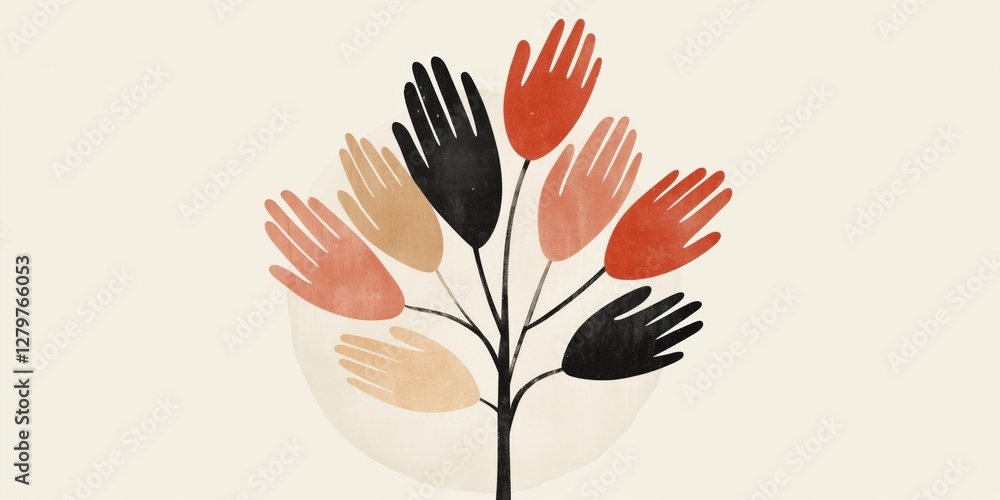 Fototapeta premium Diverse unity symbolized by colorful hands forming a tree