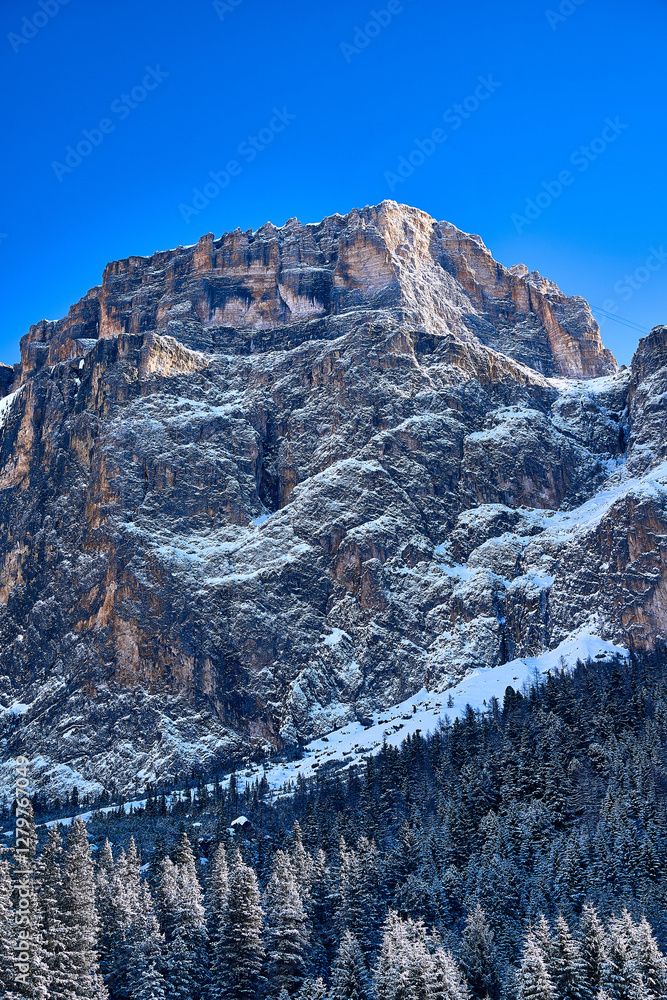 Beautiful panoramic view to the Sellaronda - the ski circuit around the Sella group in Dolomites, Italy - Badia, Gherdeina, Fascia. Extraordinary snowy peaks of the dolomites, southern Alps.