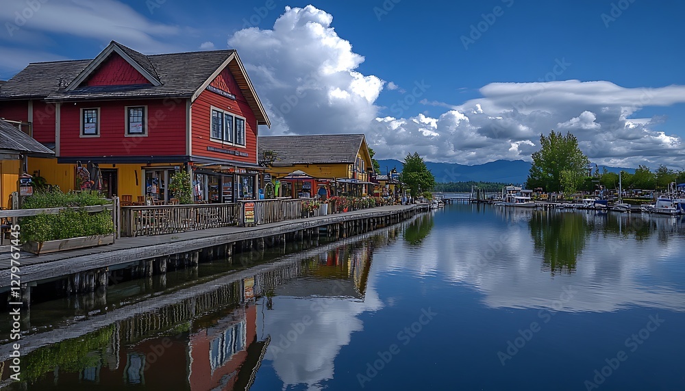 Fototapeta premium Colorful waterfront shops, calm water reflection, sunny day