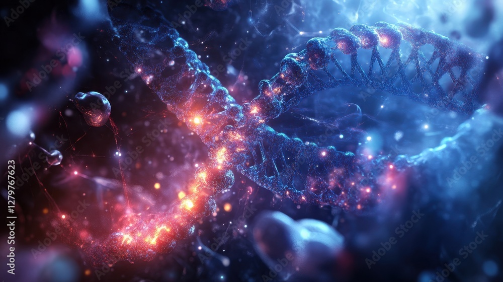 DNA Helix in Cosmic Nebula: A mesmerizing depiction of a DNA helix intertwined with a vibrant cosmic nebula, showcasing the beauty of molecular structures within an awe-inspiring, surreal space. DNA Helix in Cosmic Nebula: A mesmerizing depiction of a DNA helix intertwined with a vibrant cosmic nebula, showcasing the beauty of molecular structures within an awe-inspiring, surreal space.