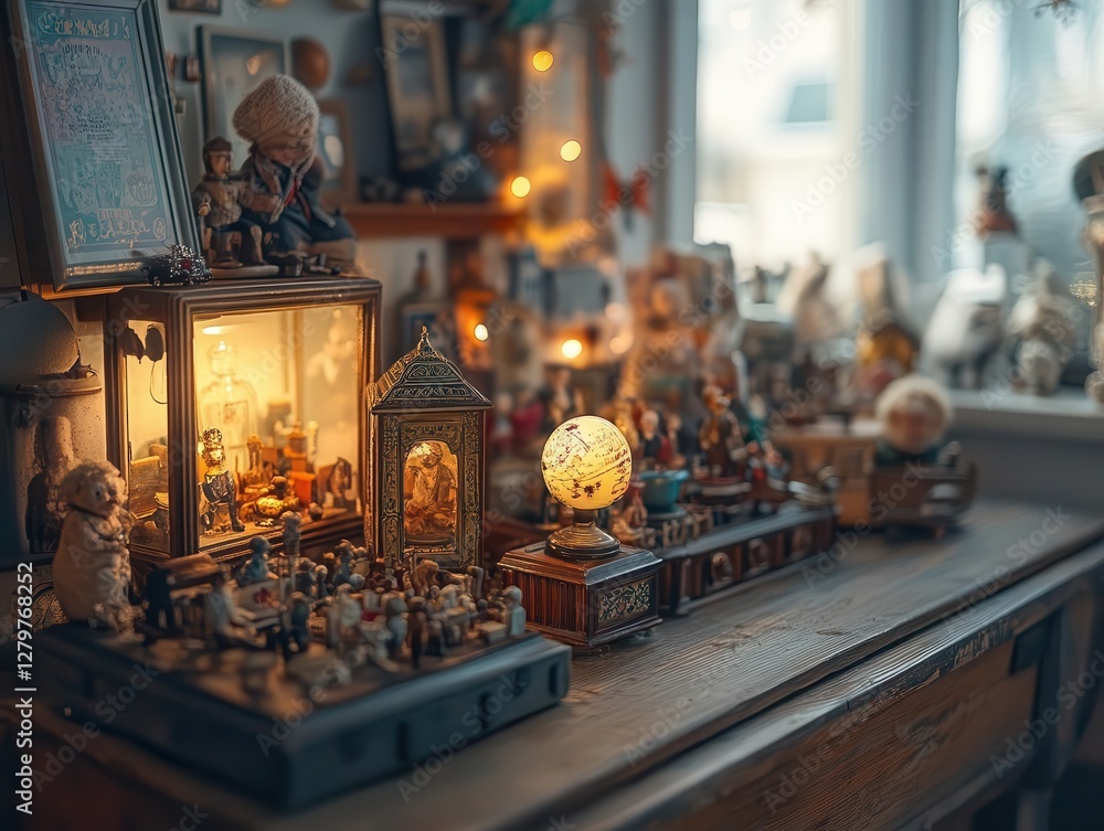 Antique toy collection with glowing AR historical details, cozy nostalgic setting, soft warm lighting, photorealistic Antique toy collection with glowing AR historical details, cozy nostalgic setting, soft warm lighting, photorealistic
