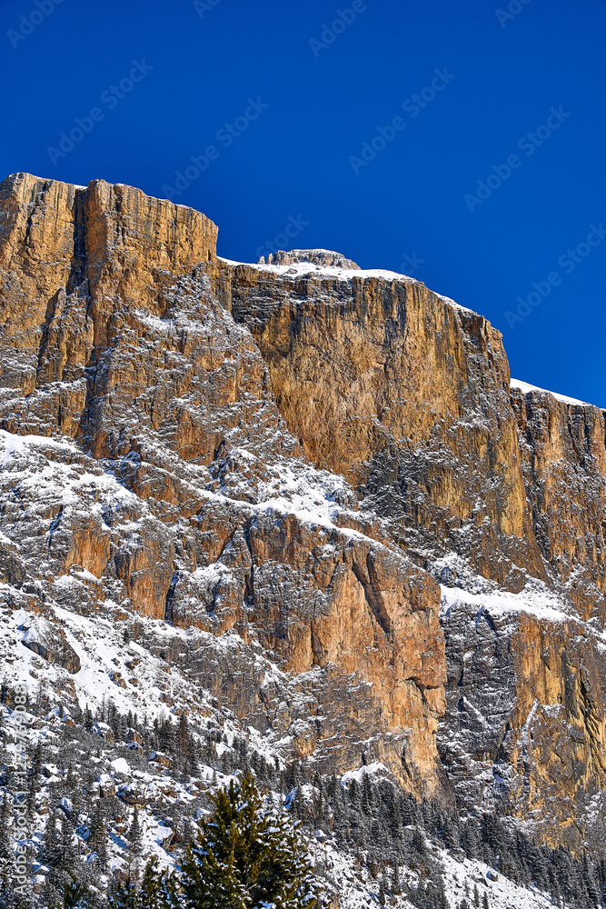 Beautiful panoramic view to the Sellaronda - the ski circuit around the Sella group in Dolomites, Italy - Badia, Gherdeina, Fascia. Extraordinary snowy peaks of the dolomites, southern Alps.