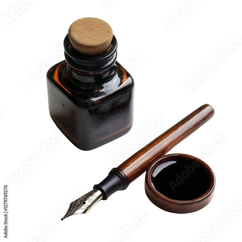 Elegant Vintage Ink Bottle with Writing Quill and Wax Seal on White Background