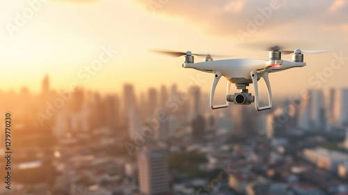 Aerial Vision: A drone soars above a bustling cityscape at sunset, capturing an awe-inspiring view, illustrating technological advancement and aerial capabilities.