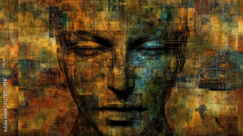 Wallpaper Mural Unveiling the Mind's Tapestry: A stylized portrait of a serene face, its features subtly emerge from a complex, mosaic-like background of abstract patterns and textures. Torontodigital.ca