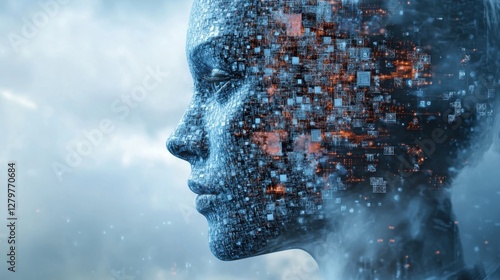 Digital Persona: An ethereal portrayal of a human form merging with digital elements, symbolizing the intersection of humanity and advanced technology.