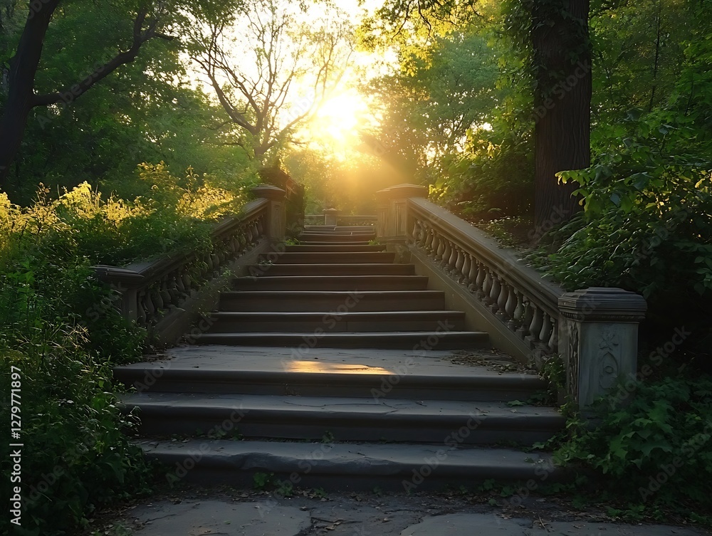 Park Steps Sunrise Sunlight Tranquil Scene Stock Park Steps Sunrise Sunlight Tranquil Scene Stock