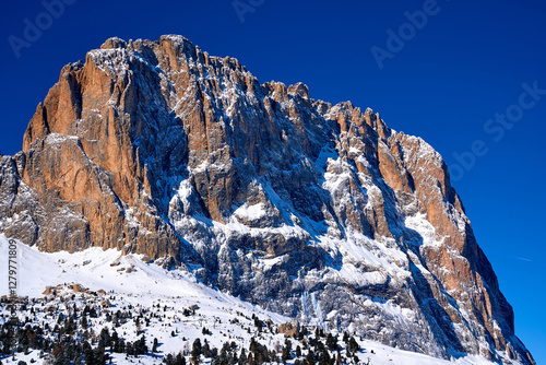 Beautiful panoramic view to the Sellaronda - the ski circuit around the Sella group in Dolomites, Italy - Badia, Gherdeina, Fascia. Extraordinary snowy peaks of the dolomites, southern Alps.