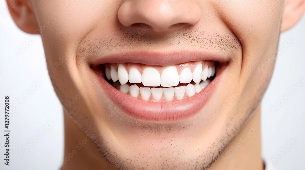 Fototapeta premium Smiling young adult male showing healthy teeth dentist explaining care tools view white background