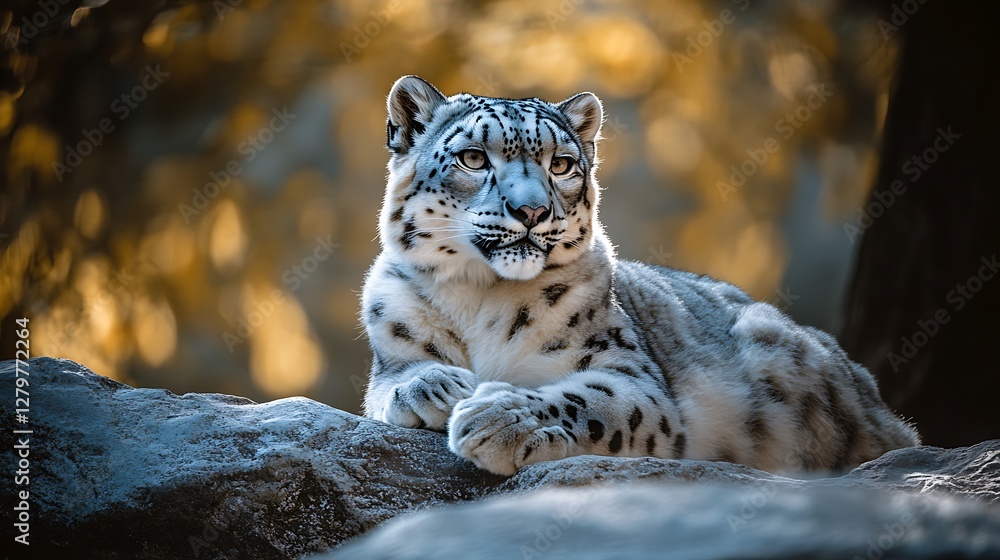 Fototapeta premium Snow Leopard Resting on Rock with Soft Golden Light Backdrop