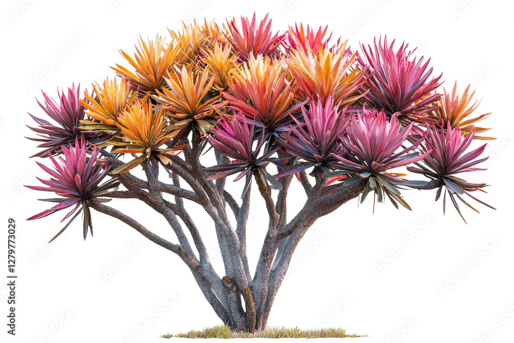 Obraz premium Vibrant Tropical Tree with Colorful Leaves on Isolated White Background