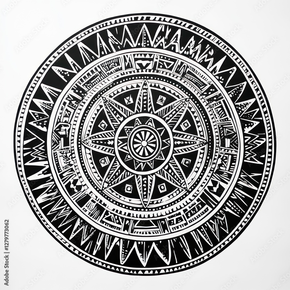 Obraz premium Black and White Circular Mandala Design Featuring Intricate Geometric Patterns