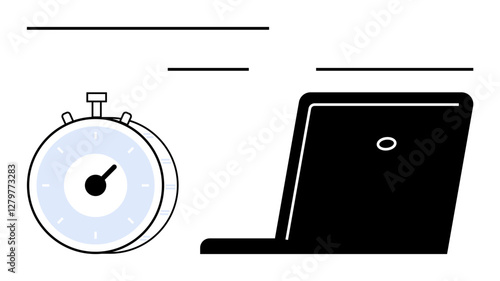 Stopwatch next to laptop symbolizes productivity, efficiency, deadlines, goal tracking, digital tools, remote work. Ideal for time optimization, business, planning education focus workflow