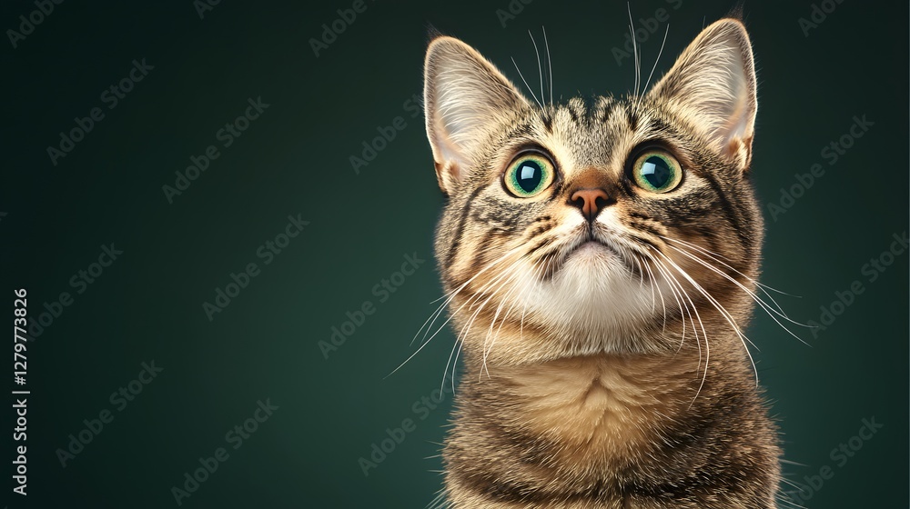 Fototapeta premium Cute Tabby Cat with Big Green Eyes Looking Up in Studio Setting