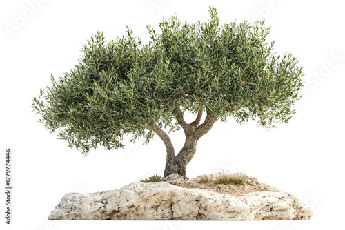 Lone Olive Tree on Rocky Ground against White Background for Nature Themes