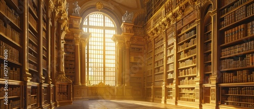 Wallpaper Mural King Louis XIV's Versailles library ancient manuscripts towering bookshelves golden light arched window intricate wood carvings oversaturation Torontodigital.ca