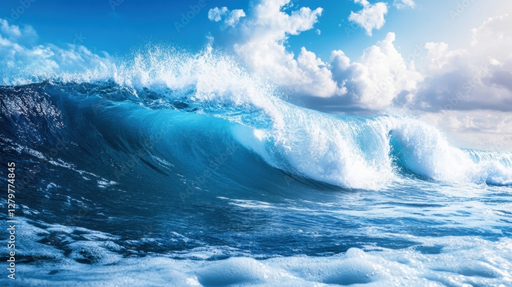 Ocean Majesty: A colossal wave surges, crowned by frothy white crests, mirroring the vastness of the open ocean and the ethereal dance of clouds in the sky. Ocean Majesty: A colossal wave surges, crowned by frothy white crests, mirroring the vastness of the open ocean and the ethereal dance of clouds in the sky.