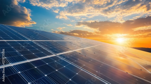 Solar Panels Embracing Sunset: Solar panels capture the sun's energy, with the warm glow of the sunset, offering a glimpse of a sustainable future. 