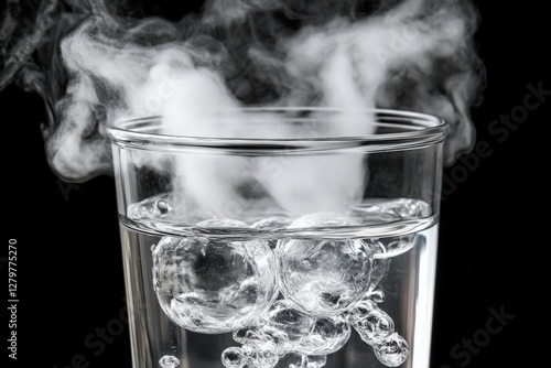 Steam rising from a glass of water with large bubbles, close-up shot against a black background.  A captivating image showcasing the ephemeral nature of steam and the intricate details of bubbles. photo