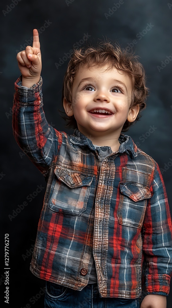 Happy toddler pointing, dark background Happy toddler pointing, dark background