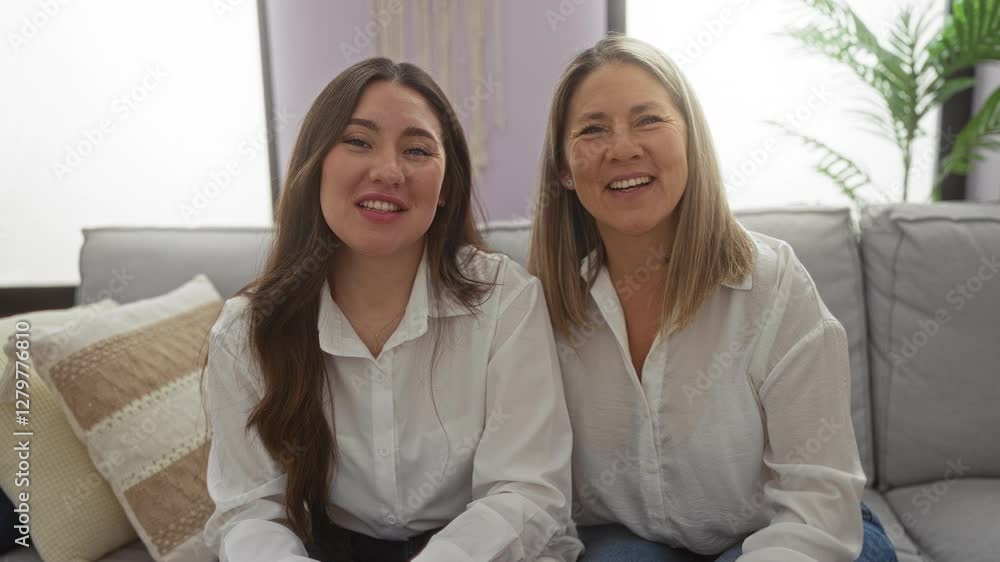 Mother and daughter sitting indoors in a cozy living room, smiling and waving at the camera, showcasing their close family bond and happiness. Mother and daughter sitting indoors in a cozy living room, smiling and waving at the camera, showcasing their close family bond and happiness.