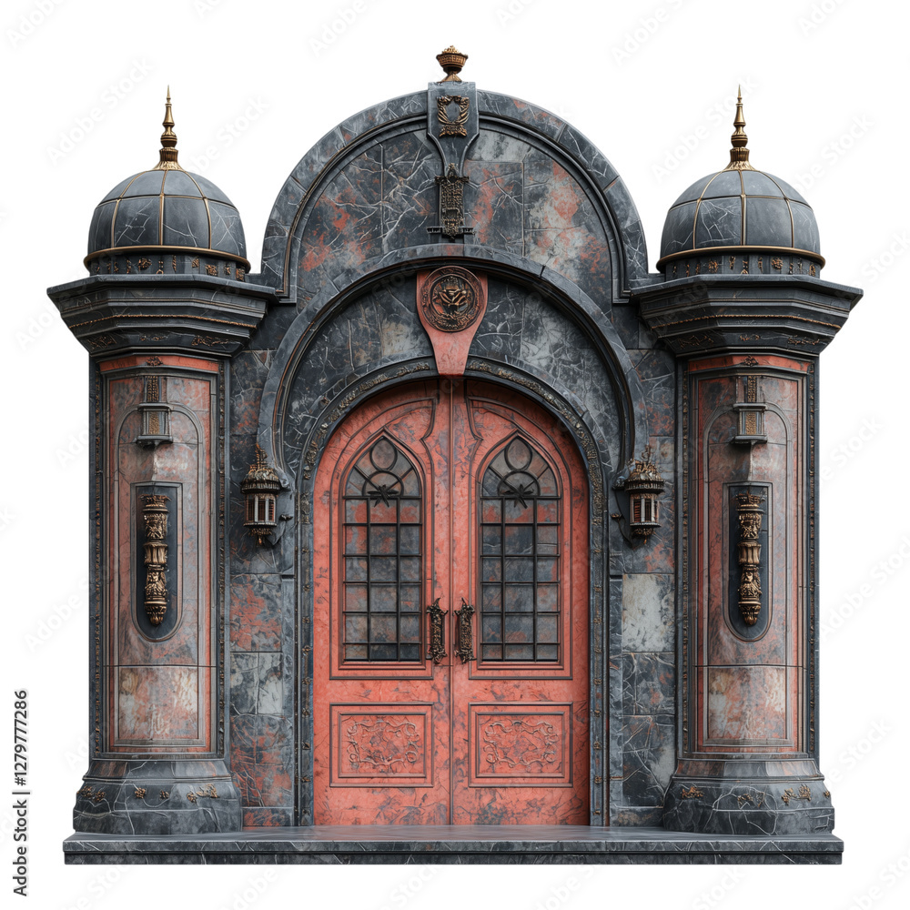 Obraz premium The image portrays a decorative stone portal with a red door, and arched design. This is a depiction of an elegant architectural entrance.