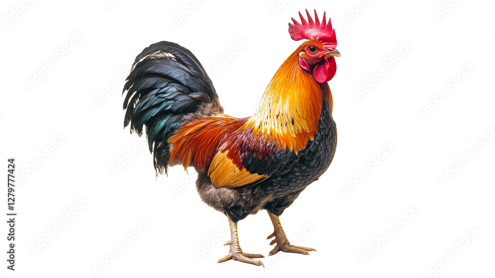 Colorful rooster stands proud in bright light Colorful rooster stands proud in bright light