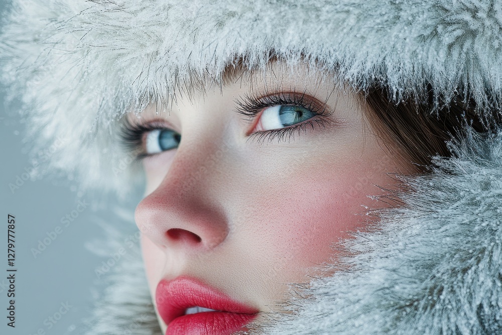 Portrait of a woman in winter attire with snow falling softly around her in a serene outdoor setting during a cold season Portrait of a woman in winter attire with snow falling softly around her in a serene outdoor setting during a cold season